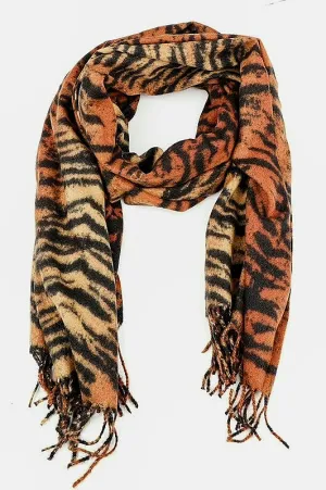 Tiger Print Fringed Scarf - Black & Orange