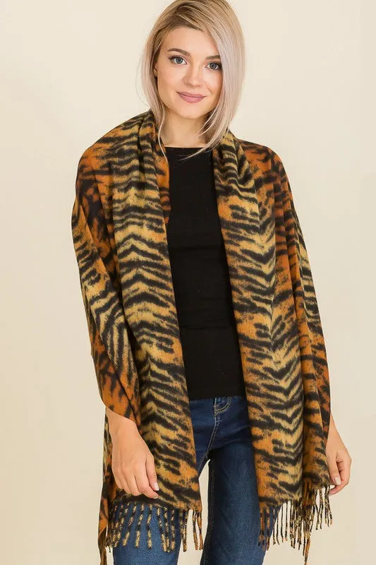 Tiger Print Fringed Scarf - Black & Orange