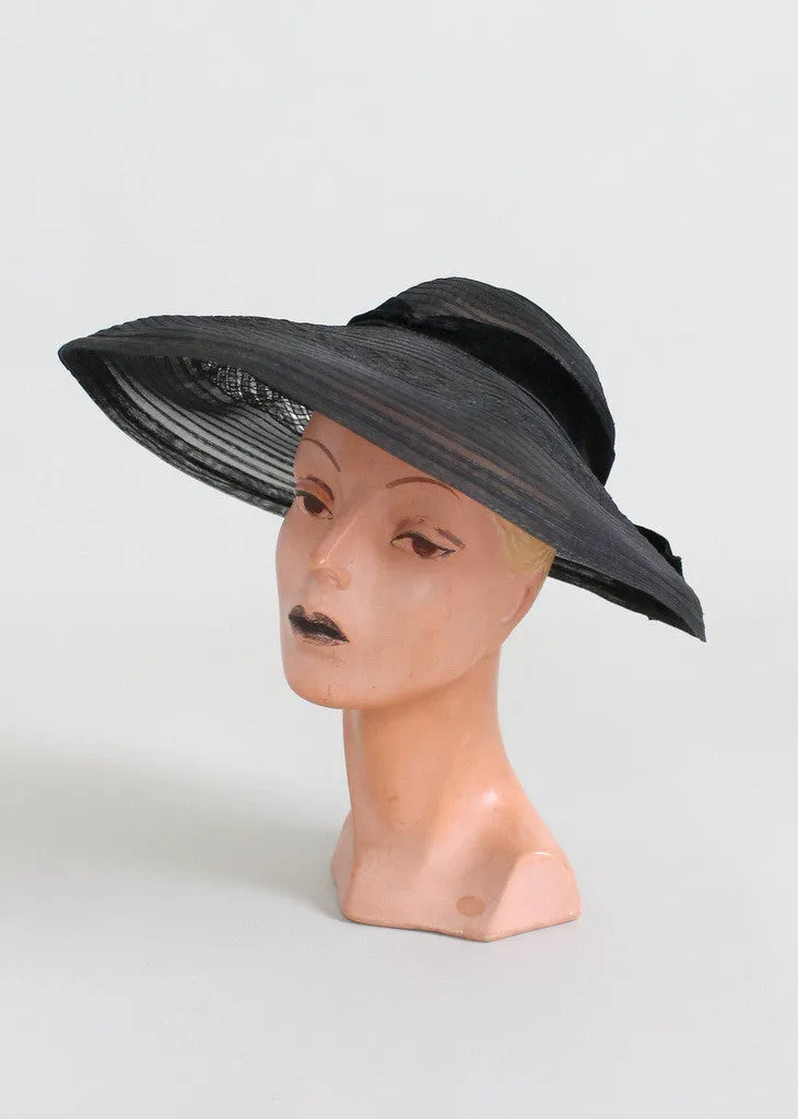 Vintage Early 1950s Wide Brim Black Horse Hair Hat