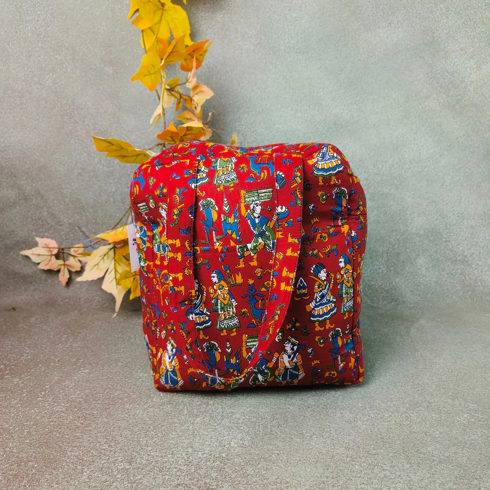 Water Proof Cotton Lunch Bag Maroon Kalamkari Prints Design